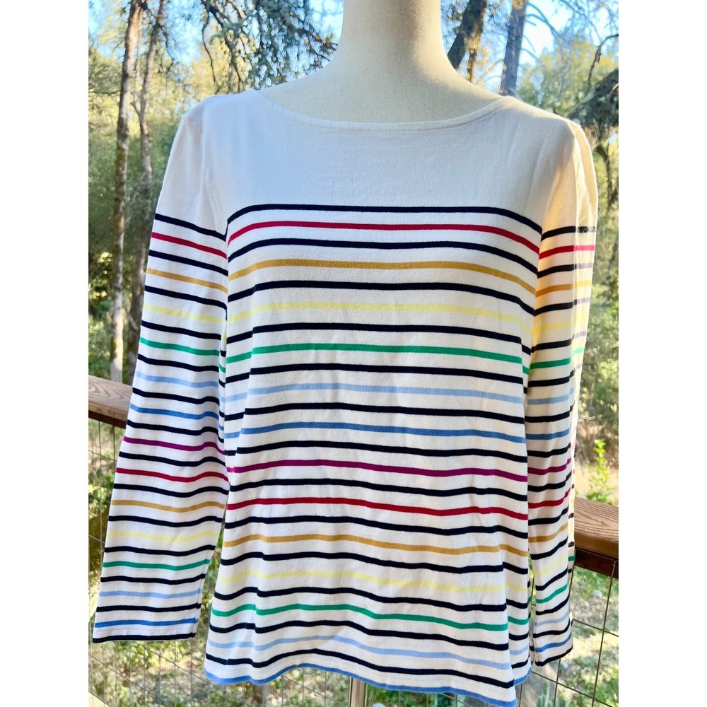 Talbots Authentic Rainbow Stripe Long Sleeve Cotton Top White Multi Color Large